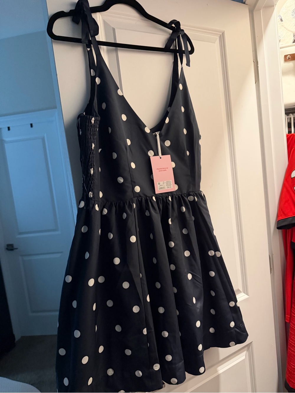 Old Navy, Navy Blue Dress with White Polka Dots and Tie Shoulders